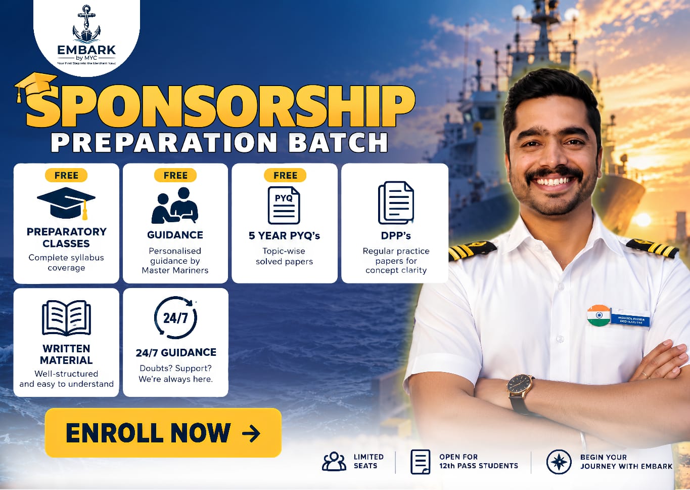Embark by MYC Sponsorship Preparation Batch — free preparatory classes, guidance by Master Mariners, 5 years of solved PYQs, DPPs, written material, and 24/7 guidance. Open for 12th pass students. Limited seats.
